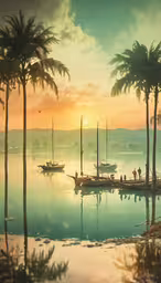 palm trees are shown near a calm bay,some sailboats on water and two palm trees