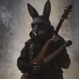 a man in bunny ears holding an electric guitar