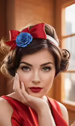 a woman wearing a red dress and bow hairpiece