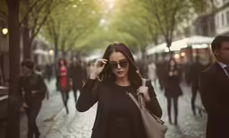 a woman walking on a street talking on a phone