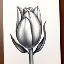 a flower on white paper next to wooden table,a white greeting card with a black outline drawing of a single flower,a drawing of a flower with a long stem,a drawing of a flower bud sitting on a desk,a drawing of a black and white tulip