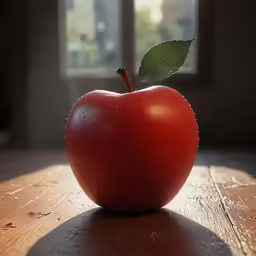 a red apple with green leaf sits on a table