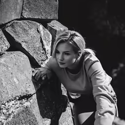 a woman leans on some rocks to pose