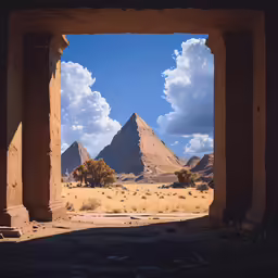 looking out from inside an arch at pyramids