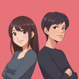 two anime characters are standing together and looking into the distance