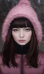 a woman wearing a pink coat and hat with bangs