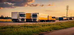 there are three semi trucks that are going down the street,a row of semi - trucks on a road next to green fields and power poles