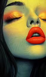 a woman with yellow and orange makeup looks at something while looking into the distance