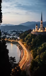 a view of an old church on top of a hill