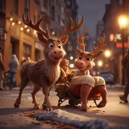 a boy is riding on a miniature stroller between two reindeer