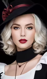 a beautiful blonde with big bangs and dark lips