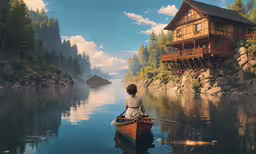 an individual in a boat that is sitting on a body of water,a person sitting in a small boat on a river