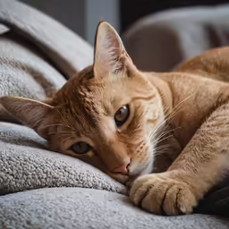 an orange cat lays on the comforter of a couch