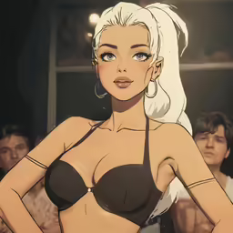 a cartoon with a white haired woman wearing black bra, black panties and black shoes