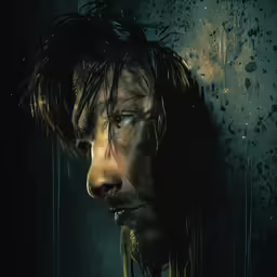 a man with long hair standing in the rain