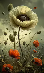 a painting with a large yellow flower in a field