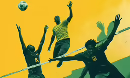 three black players jump for a soccer ball with one other team mates