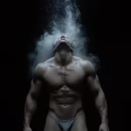 a man that is standing in front of a cloud of smoke