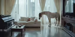 the horse is grazing next to the piano in the living room