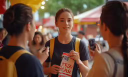 a group of people standing in front of some shops