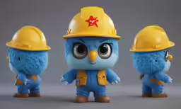 a small bird toy wearing a hard hat
