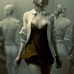 woman walking past group of white men on a foggy day