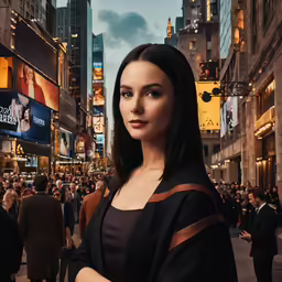 a woman standing in the middle of a busy city street