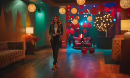 a woman stands in front of a room with couches