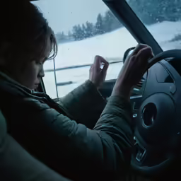 a girl in a car that is in the snow