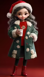 the doll has gray hair and wears a green coat with flower accents