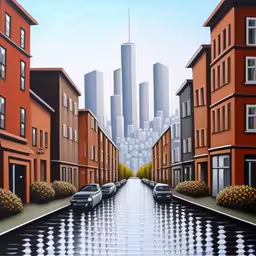 an illustration of buildings and a road that goes through it