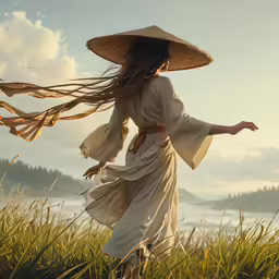 a woman is walking in a large grassy field wearing a straw hat