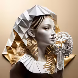 a digital rendering of a woman holding an ornamental object
