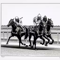 two horses and jockeys racing on the track,two race horses and jockeys racing in an image