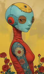an alien is standing among roses
