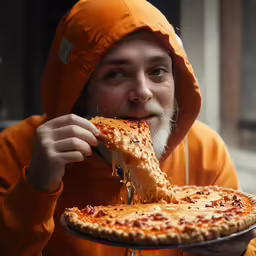 a man eating some pizza from a tray