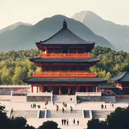a photo taken from the ground of an asian building with a mountains in the background