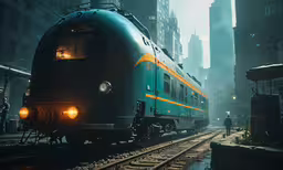 an image of a train that is traveling down the tracks,a train is passing through a city with high rise buildings
