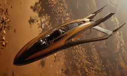 a yellow and black vehicle flying in a dirty dirt field