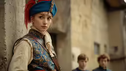 the young woman has a blue dress and a red headdress