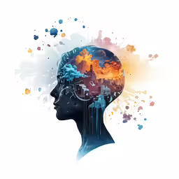 a human head with an image of some houses in the sky and clouds