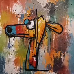 a painting of a dog with an orange, blue and green coat