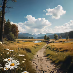 the road and grassy field is surrounded by wild flowers