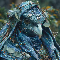 a close up shot of a bird covered in blue cloth and pearls,a mask that is in the middle of some kind of art