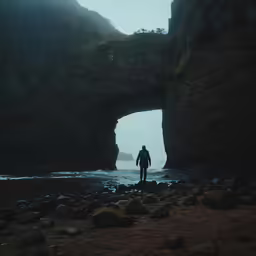 a person stands in front of a cave that is carved into the cliff