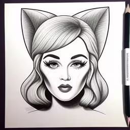 an image of the girl with the cat ears,a drawing of a girl with big eyes and cat ears,an artistic drawing with a cat face,a drawing of a cat woman in black and white,this is an image of a girl with a cat