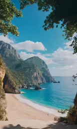 beach with people walking on and under trees near water