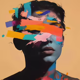 the woman has her face painted with colorful strokes