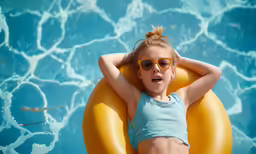 a young girl in sunglasses laying down in an inflatable swimming pool