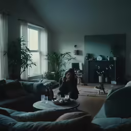 a woman sitting on the floor in her living room